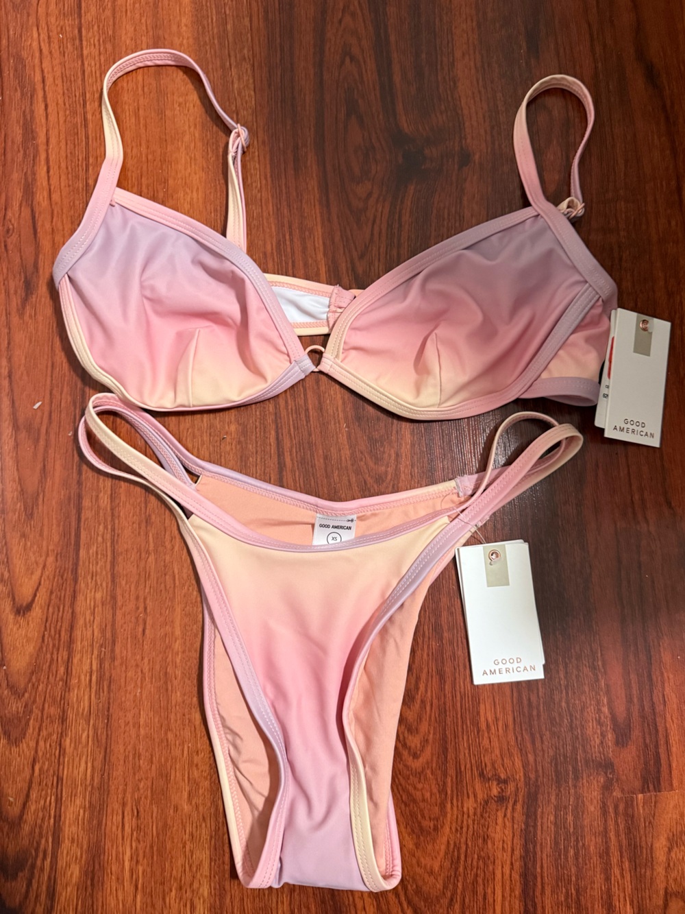Good American Pink to Peach Ombre Bandeau Bikini Set -Top M/Bottom XS